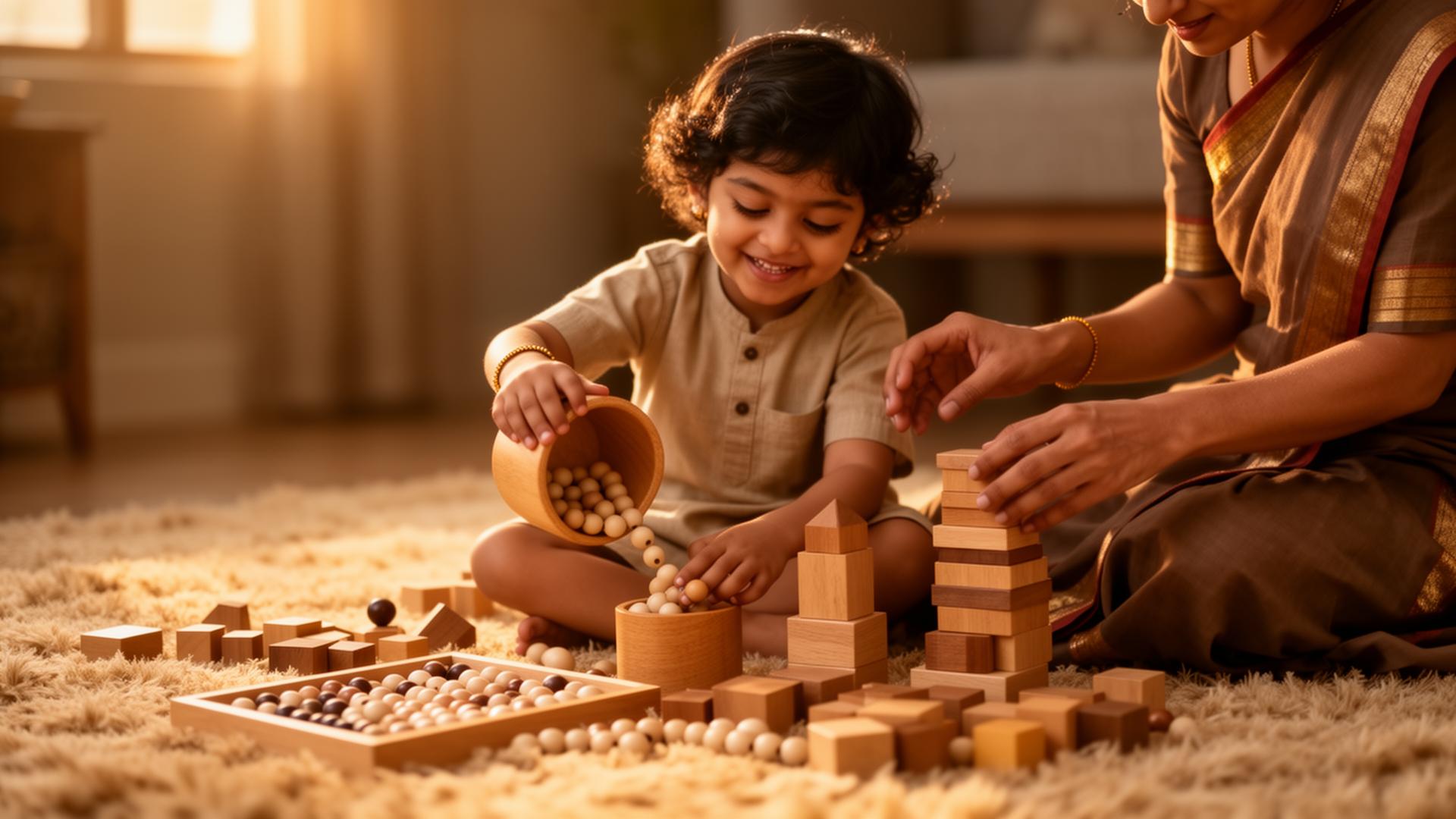 Mother guiding her child through Montessori wooden play activities